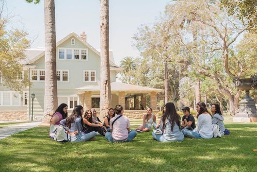 group of students sitting outdoors in a green lawn with a light green building in the background, sitting in a circle talking
