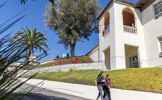 A wide shot of two students walking down a driveway with a building tower in the background