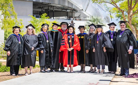 A large group of professors in gowns standing on a paved pathway on campus.