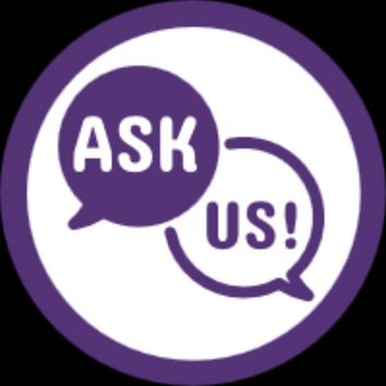 A purple icon of speech bubbles saying 