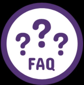 A purple icon of question marks and the word 