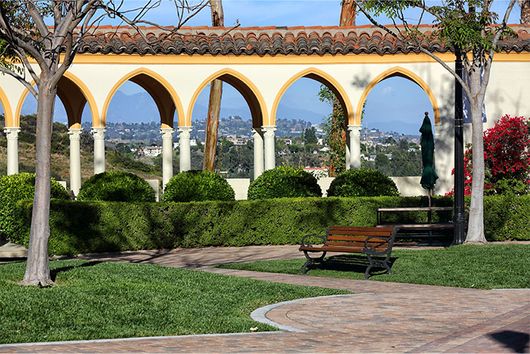 outdoor shot of chalon campus with greenery and bench