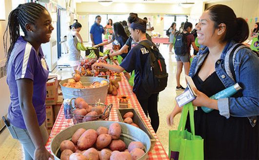 Students browsing at a small indoor farmers market