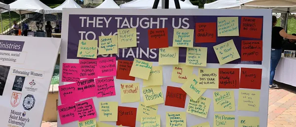 They taught us to more mountains mural with students' messages.