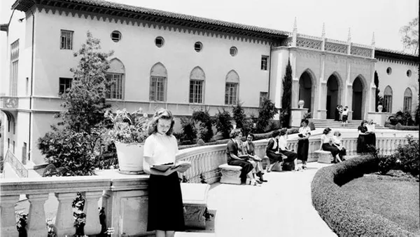 An exterior shot of the Charles Willard Coe library at the Chalon Campus in 1952, five years after its opening