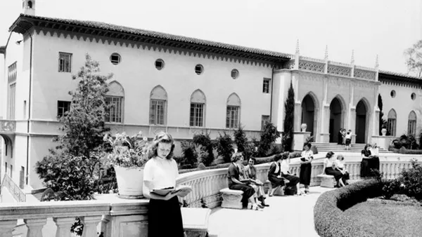 An exterior shot of the Charles Willard Coe library at the Chalon Campus in 1952, five years after its opening