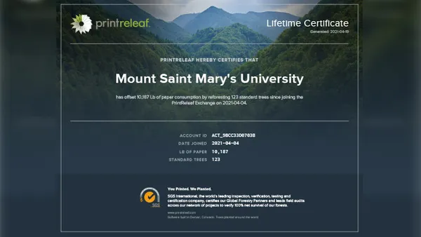 A image of a certificate from PrintReleaf showing the offsets made by ������ý for its paper consumption.