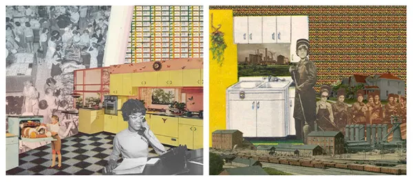 Vanderpool’s inspiration behind “Untold Stories” as her hometown’s shift from steel manufacturing powerhouse to postindustrial stagnation. Here, in “Akron to Youngstown,” 2020 (36” x 84”), the steel kitchens that epitomized the economic strength of the region in the decades following World War II play a prominent role.