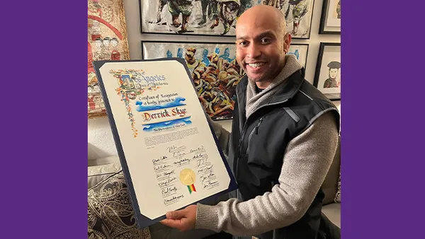 Composer Derrick Skye, music department faculty member and instrumental ensembles director, received official recognition from the Los Angeles mayor and City Council for his culturally innovative music.