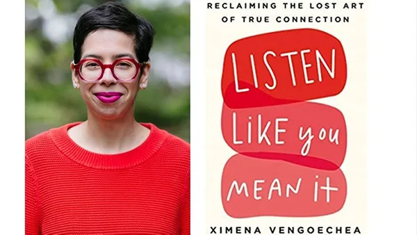 An image showing a woman smiling at the camera on the left and a book cover which reads 