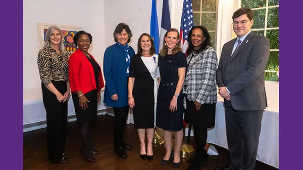 Félicitations! The President's Cabinet celebrates (left to right): Susan Dileno, VP of enrollment management; Krishauna Hines-Gaither, VP of equity, diversity and justice; Stephanie Cubba, VP of institutional advancement; President Ann McElaney-Johnson; French Consul General Julie Duhaut-Bedos; Linda McMurdock, VP of student affairs; and Daniel Prosterman, interim provost and VP, academic affairs