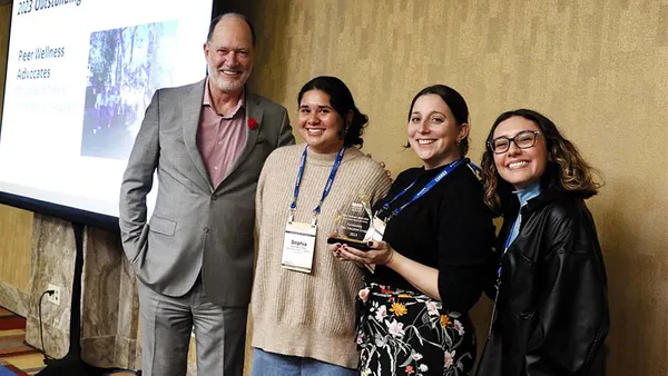 Left to right: Kevin Kruger, president of NASPA, PWA student Sophia Cortes ’27, Alison Halpern, associate director of wellness and PWA student Katya Jaime ’27 at the NASPA Peer Education Conference.