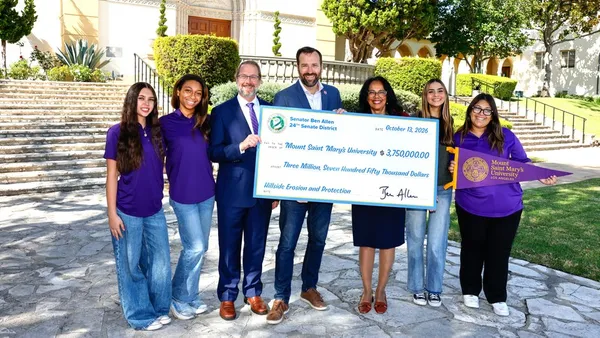 Sen. Ben Allen (center) visited the Chalon Campus on Oct. 13 for a ceremonial check presentation recognizing the $3.75 million state investment, joined by University leaders and students