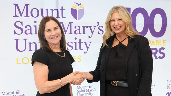 Mount Saint Mary's University President Ann McElaney-Johnson (right) and Marymount Education Foundation Executive Director Robyn Jones at partnership signing in February 2026.