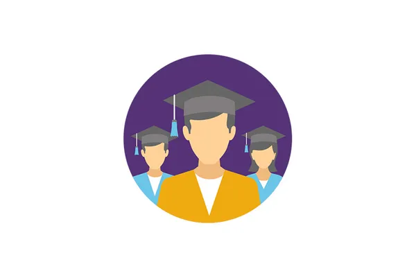 icon with purple background, three anonymous students with graduation caps
