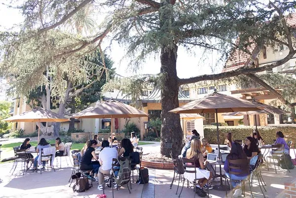 students sitting outdoors at tables on the Doheny campus