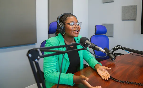 A student working in a recording studio