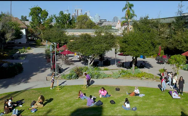 Students milling around and on a lawn with trees in the background