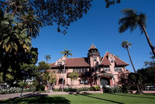 Doheny mansion exterior front shot with blue sky