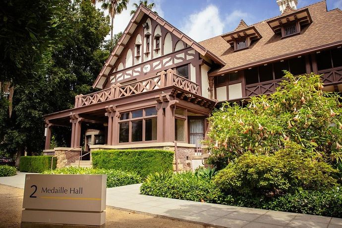 brown historical mansion that serves as Building 2 on the doheny campus