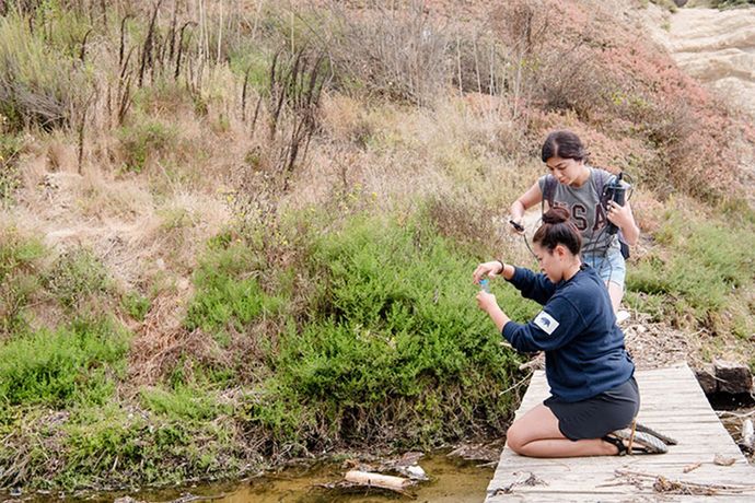 Students taking samples outside