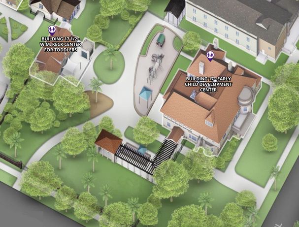 screenshot of virtual campus map showing the child development center location on Doheny Campus